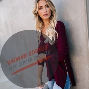 ‘Evening Strolls’ Side Zipper Sweater In Wine Red